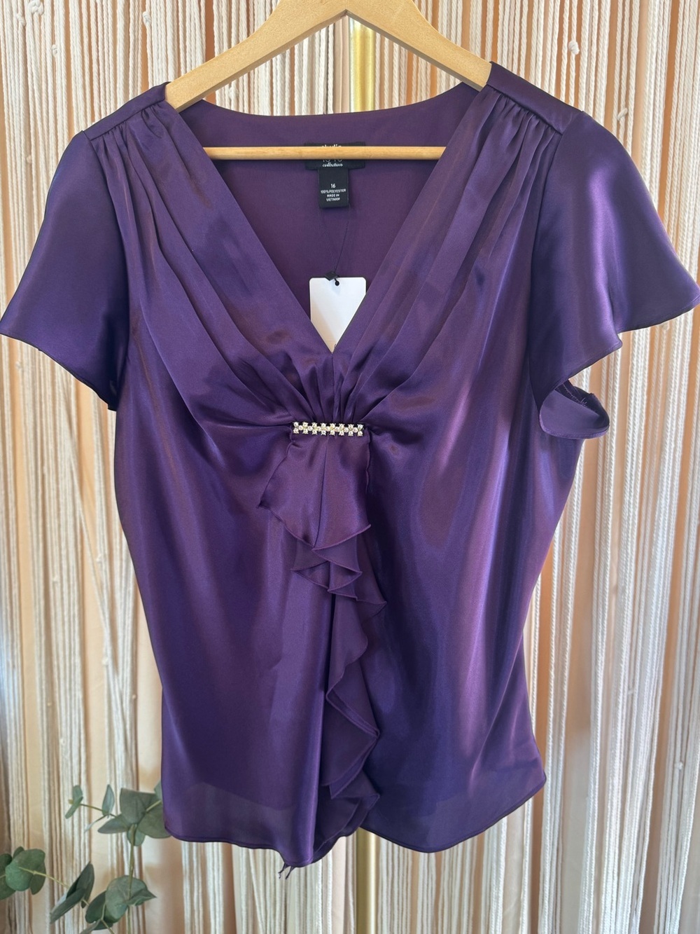 Vintage purple satin Studio 1940 blouse V-neck ruffles rhinestone flutter sleeve